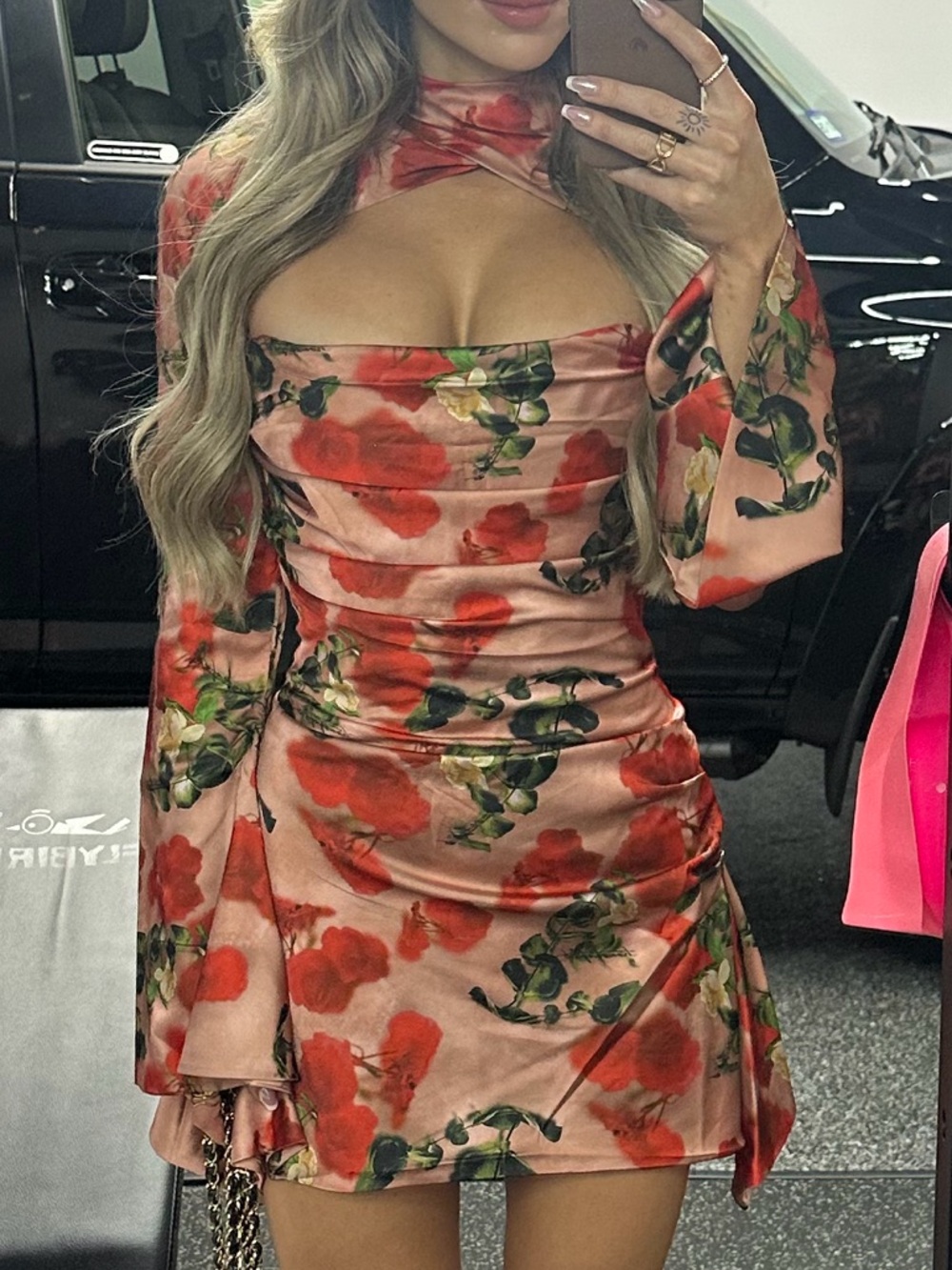 House of CB Red Floral Cutout Mini Dress